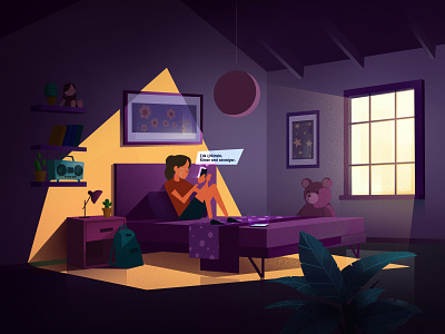 Girl Texting 2d animation character dark design illustration motion night vector