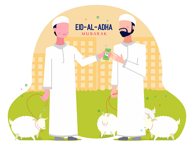 2 People sell and buy goat for celebrate Eid adha animal arab arabia background business buy cow market farm festival flat design flat people goat halal holiday holy islamic man market mubarak muslim