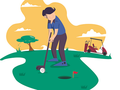 People on Golf Field in Summer activity bag ball boy bundle cart cartoon character club collection competition course design equipment field flag flat friend fun game