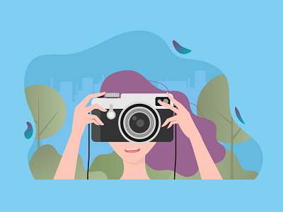 Woman take a picture with camera angle art automobile background backpack camera cartoon character concept design device digital drawing flat frame happy hipster illustration isolated length