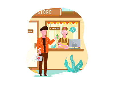 Man shopping in cloth store and paying with cash beautiful business buyer buying card cashier checkout clothes clothing consumerism credit customer female help illustration indoors mall market money people