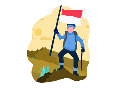 Man with Indonesian flag on mountain top achievement alone bright flag flat design future high hill illustration illustration flat independence day mountain peak person success successful top victory young