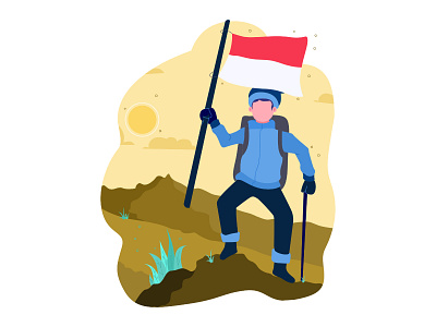 Man with Indonesian flag on mountain top