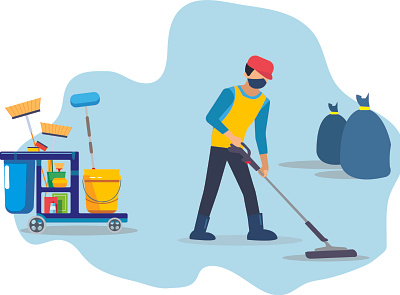 Man cleaning on the floor apartment background blue blurred broom brushes bucket carpet cleaner cleaning cuisine detergents dirt equipment flat illustration flat illustration people floor glove home housecleaning
