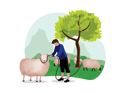 Man herding a sheep on the grass land agribusiness agriculture animal breed cartoon concept country countryman countryside domestic eat ewe farm farmer farming farmland farmyard food graze grazing