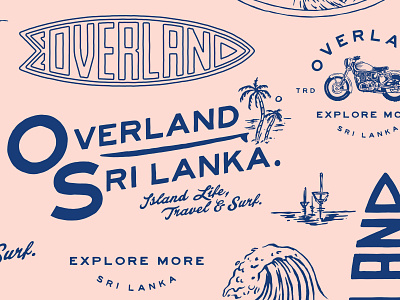 OVERLAND - SRI LANKA badge brand assets branding design illustration indonesia lettering logo motorcycle palms script sri lanka surf waves