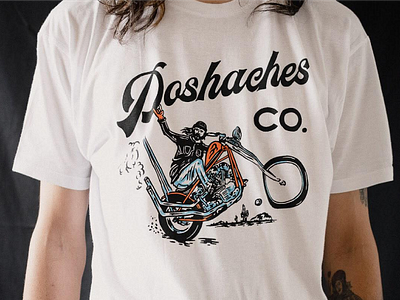 DOSHACHES "ROCK Y RUEDAS" T-SHIRT apparel brand choppers clothing brand custom design graphic tee harley davidson illustration leather goods lettering letters mexico motorcycle t shirt t shirt design tee type