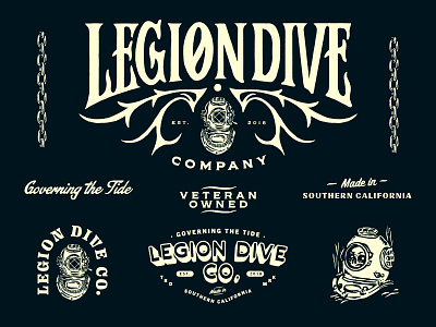 LEGION DIVE CO. / LOCKUPS apparel badge branding branding design clothing brand design dive illustration lockups logotype san diego t shirt design veteran