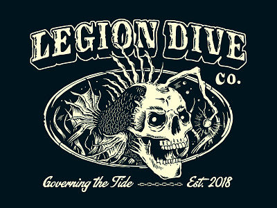 LEGION DIVE CO. / ANGLER FISH DESIGN anglerfish art badge branding clothing brand design dive illustration ocean sea skull t shirt design tide vintage