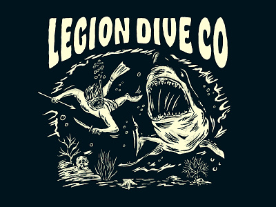 LEGION DIVE CO. / SHARK ATTACK DESIGN art attack badge california clothing brand design dive illustration jaws lockup san diego shark skull snorkeling t shirt vintage