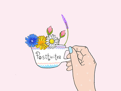 Positivitea bloom blue cosmic design flowers good vibes happiness healing herbal illustration pink positivity simple stars tea web