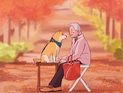 The grandma and her shiba inu art character design digital digital art digital illustration dog drawing grandma illustration illustration art shibainu