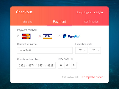 Daily UI #003 - Credit Checkout cart checkout daily ui gradient mastercard orange order paypal visa white