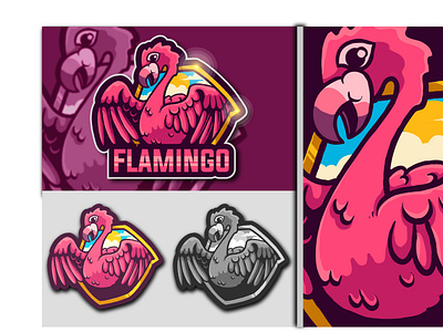 THE FLAMINGO bird bird logo emblem flamingo flamingo logo graphic design illustration logo logo badge logo mascot mascot logo nature shield sky sport sport logo summer team tropical vector
