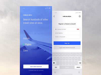 Heaven App - Registration Screens air app book booking car flight hotel plane rent sign up travel white