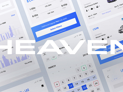 Heaven Mobile App UI Kit air app blue booking car chart filter flight graph rent travel white