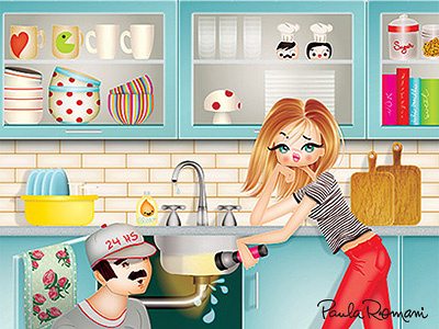 House Problems - The handy man can. editorial illustration kitchen magazine illustration people woman