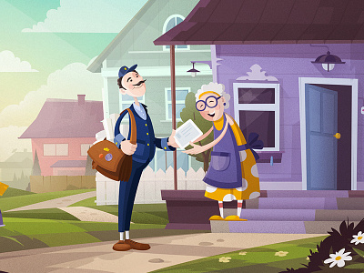 Postcard 2d characters house illustration morning post