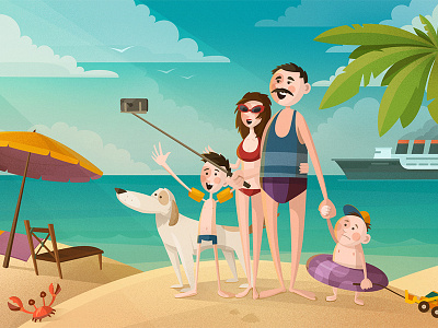 Family 2d beach illustration rest sea