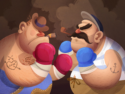Bison Vs Cachalot boxing combate fight fireart fireart studio illustration sparring