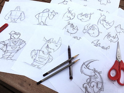 Mr. Rhino Mascot (Process) character design fireart fireart studio flat gartman illustration mockup pencil process rhino sketch