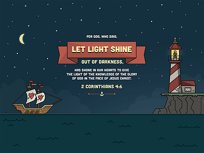 Let Light Shine Verse banner illustration lighthouse moon scripture shadow ship simple stars vector water waves