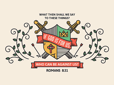 Romans 8:31 badge banner flat illustration line scripture shield simple swirls sword verse vines