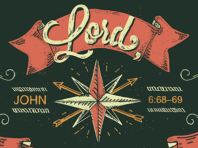John 6:68–69 banner compass hand drawn illustration swirls typography vector