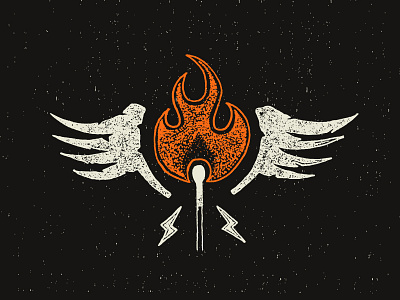 Flying Match broken flame hand drawn illustration lightening bolt logo mark rock rough texture tshirt wings
