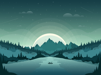 Midnight Fishing clouds fishing hiking illustration landscape mountains outdoors shadows sky starry sky stars trees