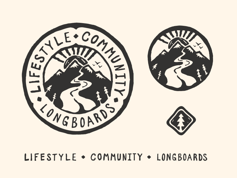 Lifestyle / Community / Longboards lifestyle longboards trees sunset hiking outdoors mountains icon logo mark illustration badge