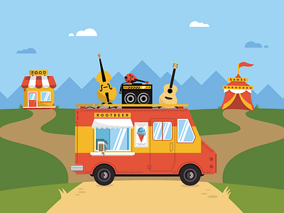 Rootbeer Float Truck amp building car food truck fun guitar icecream illustration outdoor rootbeer taco truck tent