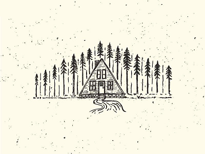 A-Frame Cabin aframe badge cabin hand drawn illustration line art lino cut outdoors slow and steady trees vintage