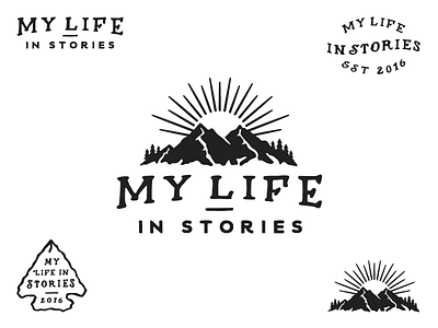 My Life In Stories badge hand drawn logo mark mountain sunset trees type typography