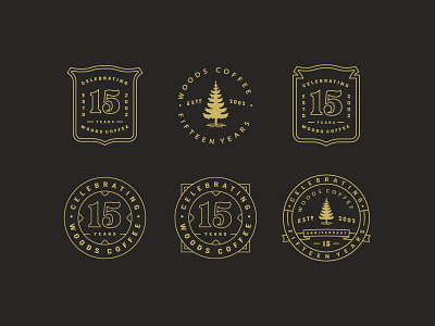 Another round - Fifteen Year Badges anniversary badges branding coffee line art logo mark seal simple tree woods coffee
