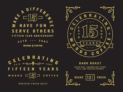 Badges and Labels 15 year anniversary badge beans coffee coffee bag icon labels logo mark tag woods