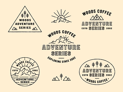 Adventure Series Badges badges coffee icon logo mark merch mountains outdoor sunrise woods