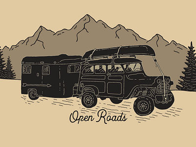 Open Roads canoe coffee hand drawn illustration mountain mug outdoor sketch tree truck woods