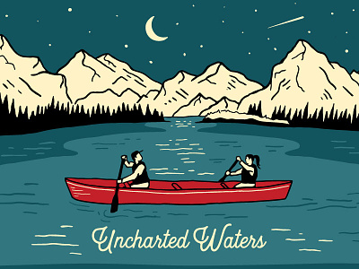 Uncharted Waters - Up close camp mug canoe enamel illustration landscape moon mountains mug night water