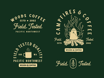 Field Tested - Woods Coffee badges campfire clothing coffee field fire handdrawn lockup logo mark type woods