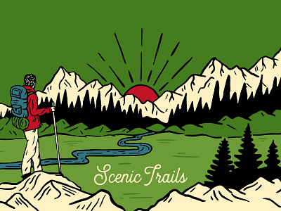 Scenic Trails coffee hand drawn hike hiker mountains mug sunrise trees