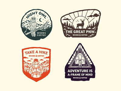 Northwest Badges adventure aframe backpack badges coffee deer handdrawn hiker logo northwest outdoor owl pnw