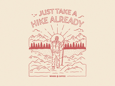 Just Take a Hike Already backpack badge clouds hiker merch mountain outdoor patch pnw shirt sunrise sunset trees