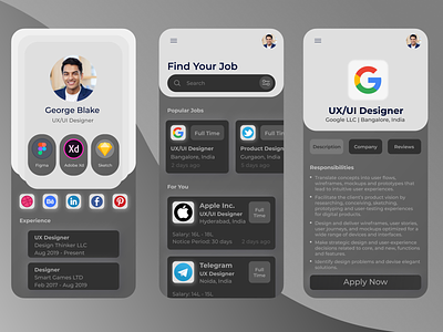 Job Search Platform Mobile App dark theme job app job search job search app job search mobile app job search ux job ui