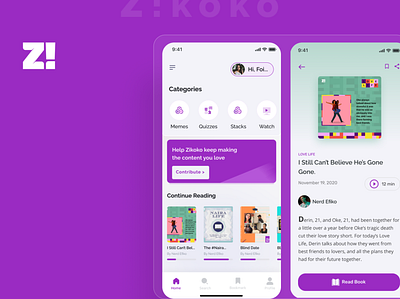 Zikoko App app book brand design case study clean design figma minimal mobile online purple quiz trending ui user inetrface ux zikoko