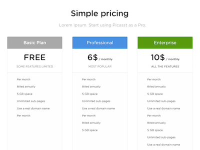 Simple Pricing picasst pricing web
