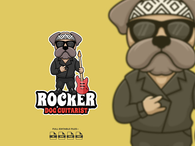 Rocker Dog Guitarist Mascot Logo animal artist band branding cartoon cartoon character character design dog guitarist illustration logo mascot rocker ui