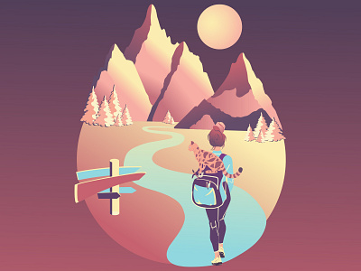 Girl in the mountains cat girl illustration inspire mountains sunset trail vector way