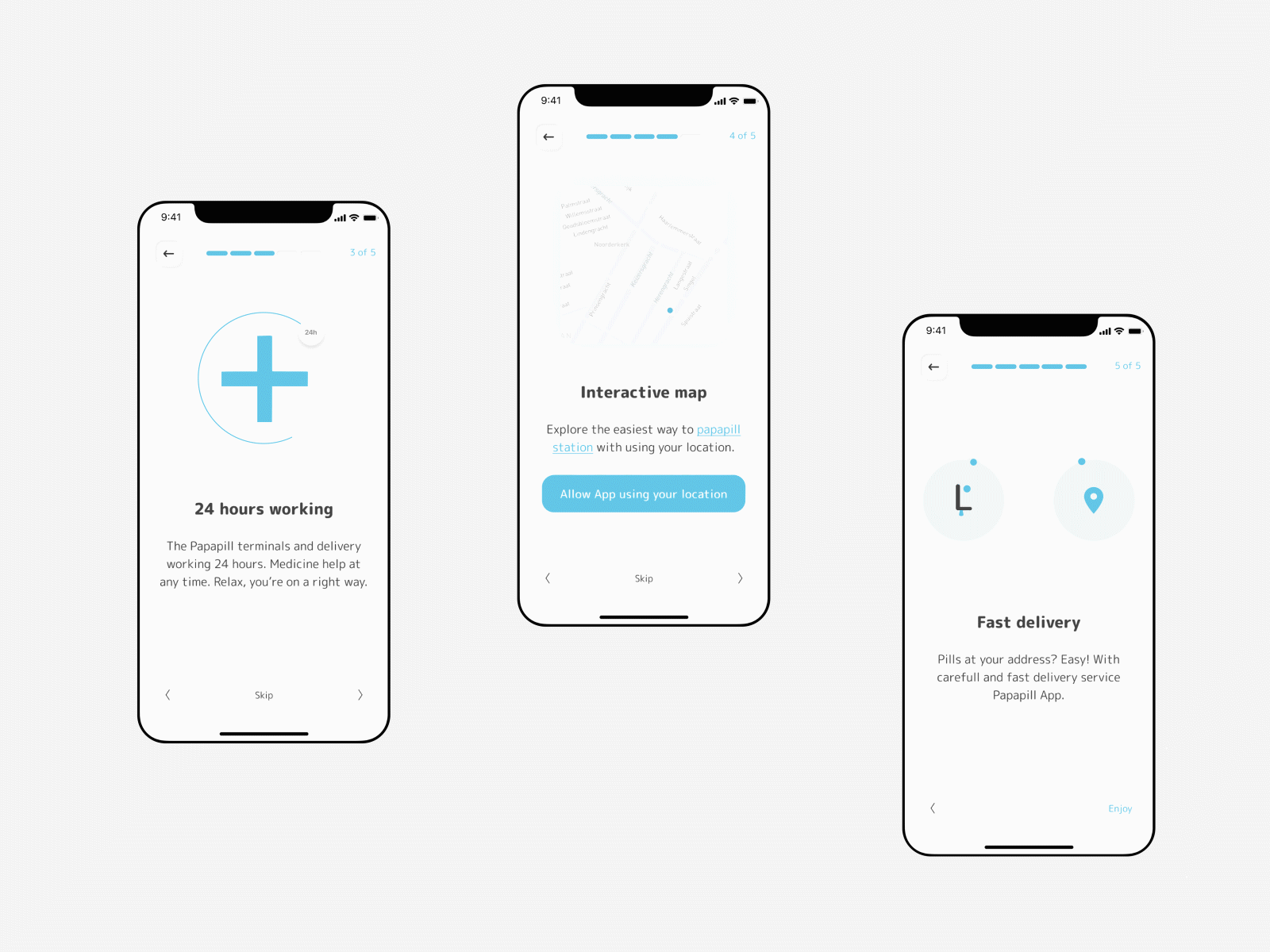 Onboarding - Papapill App | Smart Pharmacy Concept branding concept delivery design digital drugs figma interaction medical mobile mobileapp motion navigation pharma pharmaceutical pills product prototype service