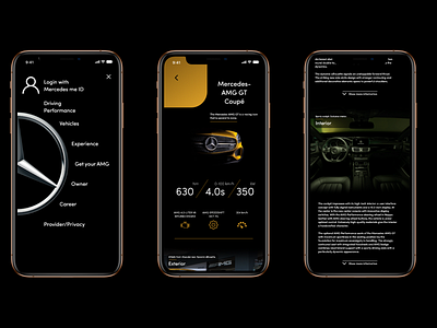 Mercedes Benz Mobile app adobe xd luxurious mercedes benz mobile app mobile app design sidebar navigation ui ux ui ux design yellow and black